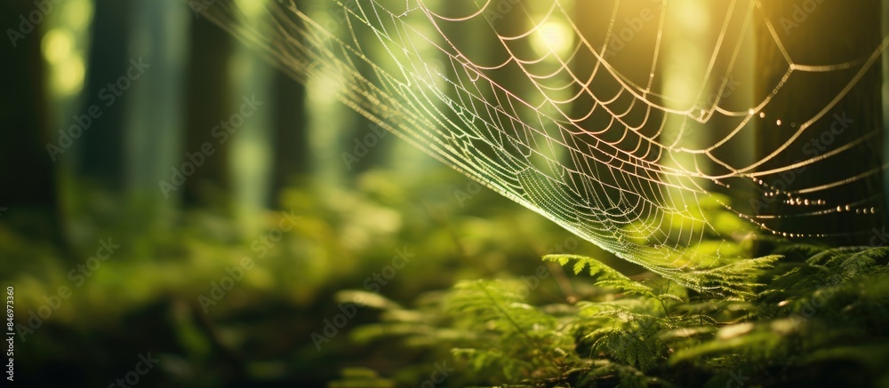 Aufkleber Among lush greenery, a intricate spider web is prominently showcased in the forest setting. with copy space image. Place for adding text or design