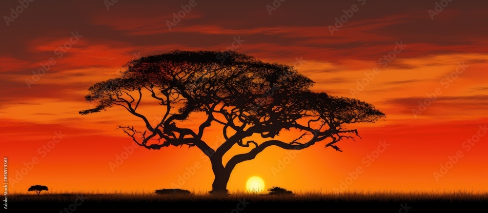 Poster a lone tree stands in the savannah, silhouetted against the backdrop of a vibrant sunset with variou