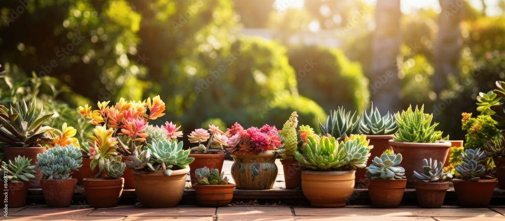 Poster patio garden showcases various potted succulent plants basking in sunlight on a beautiful day. with 
