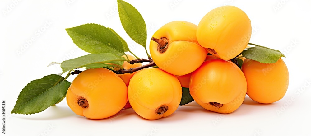 Leinwandbilder Assorted yellow fruit with leaves arranged on a clean white surface, showcasing freshness and natural beauty. with copy space image. Place for adding text or design