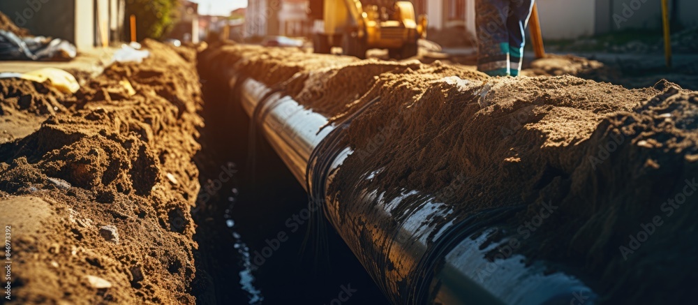 Poster Construction site showing laying of pipes in the middle of the street with various equipment around. with copy space image. Place for adding text or design