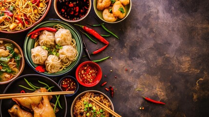 A table filled with various Asian dishes and served with chopsticks