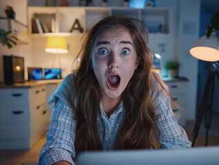 A person looks surprised while working on a laptop, possibly discovering something new