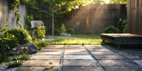 Obraz premium A cozy backyard setting with a brick walkway leading to a bench, perfect for relaxation or reading