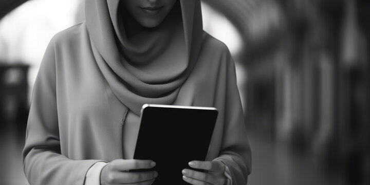 A woman wearing a hijab holds a tablet computer, ready to use