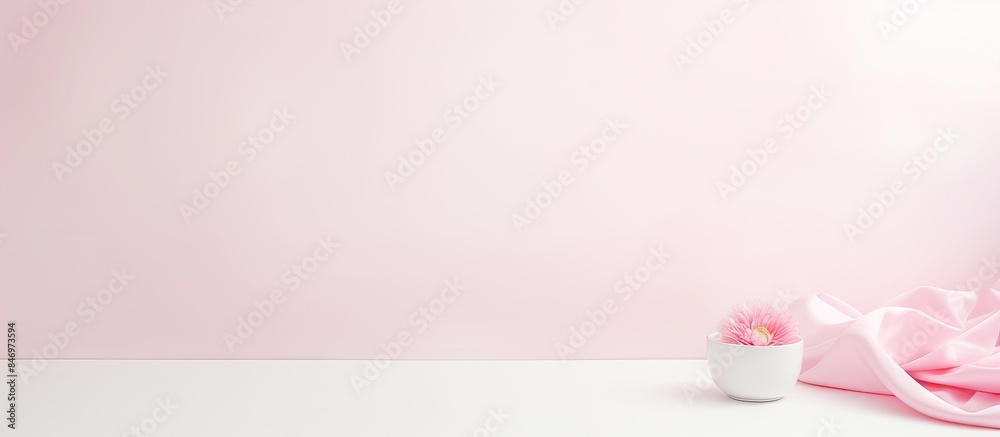 Fototapete Pink flowers displayed in a vase on a white table with a soft pink background creating a harmonious color scheme. with copy space image. Place for adding text or design