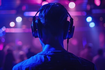 Fototapeta premium A person wearing headphones standing among people, possibly at a live event