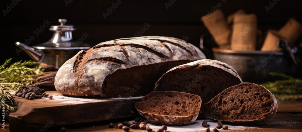 Poster European-style black bread handmade using ancient bakery techniques displayed on a rustic wooden cutting board. with copy space image. Place for adding text or design