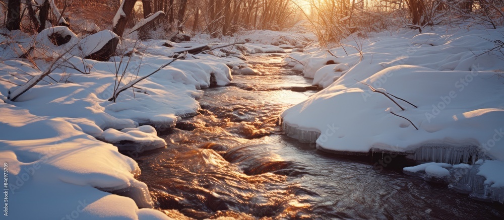 Fototapete A serene winter scene of a stream flowing through snow-covered woods as sunlight filters through the leafless trees. with copy space image. Place for adding text or design