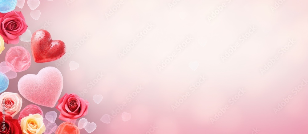 Poster Close-up view of a collection of roses and heart shapes on a soft pink background, creating a romantic and sweet display. with copy space image. Place for adding text or design