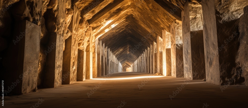Poster Long tunnel in gypsum mine with wooden beams and a light visible at the distant end. with copy space image. Place for adding text or design