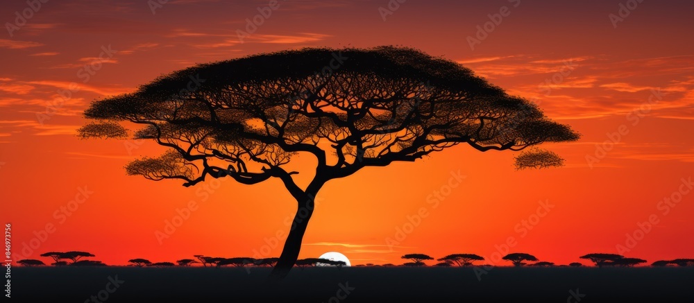 Fototapete Silhouetted African acacia tree standing alone in a field as the sun sets in the last light. with copy space image. Place for adding text or design