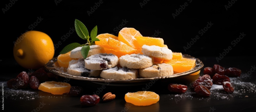 Fototapete plate of sugared fruit and oranges displayed alongside shortbread cookies topped with candied fruits