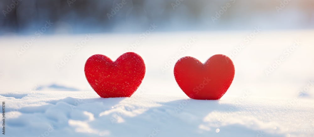 Poster red hearts are peacefully placed on the snowy ground against the backdrop of a serene forest landsca