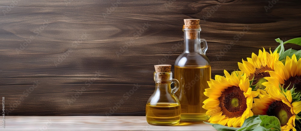 Aufkleber close-up of a bottle of sunflower oil positioned next to a vibrant bunch of sunflowers. with copy sp