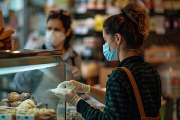 A person taking precautions against COVID-19 or other airborne pathogens, with a face mask and gloves on