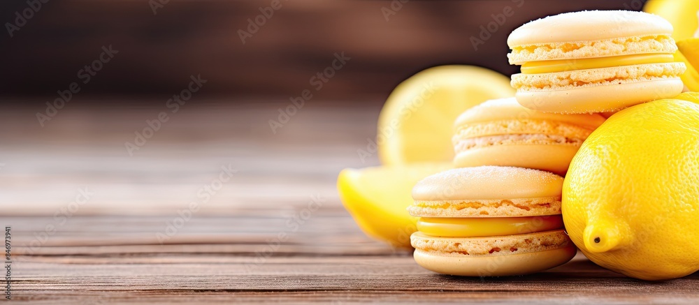 Fototapete tasty macarons and zesty lemons stacked together on a wooden surface, a close-up shot showcasing the