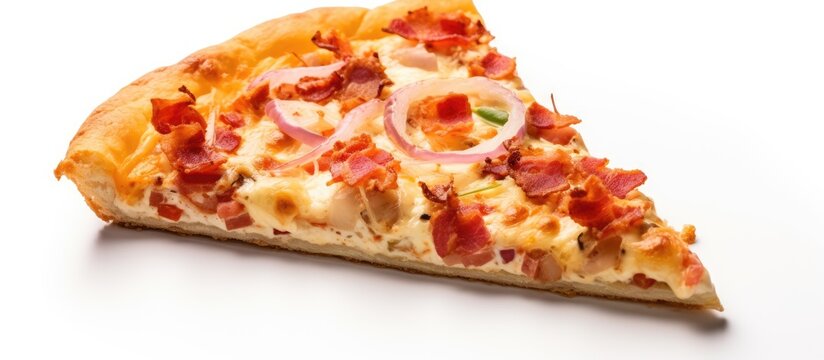 Delicious pizza slice topped with crispy bacon, savory onions, and cherry tomatoes on a thin crust, isolated on white background in a closeup shot. with copy space image