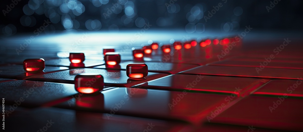 Fototapete Red backlight illuminates keys on a modern computer keyboard. with copy space image. Place for adding text or design