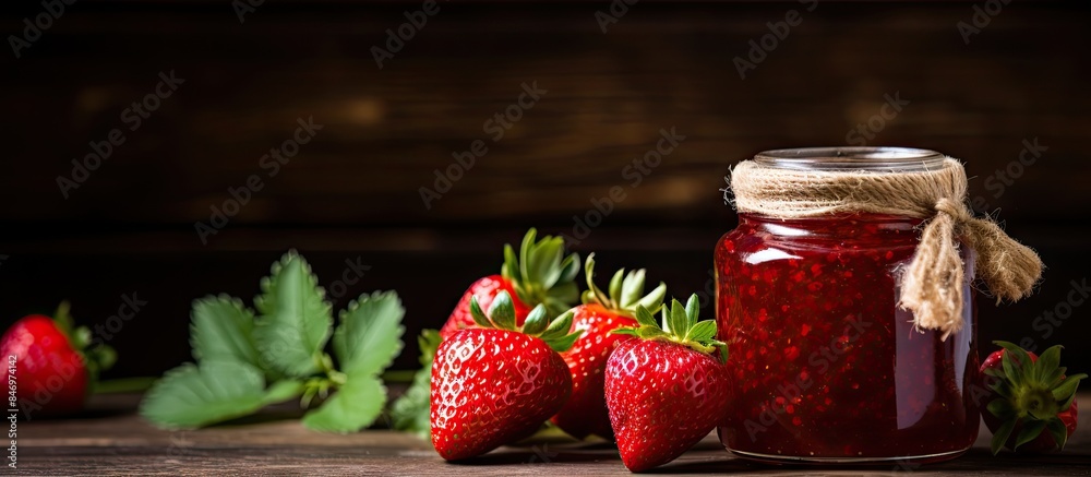 Leinwandbilder close-up view of a glass jar filled with strawberry preserves and topped with whole strawberries on 