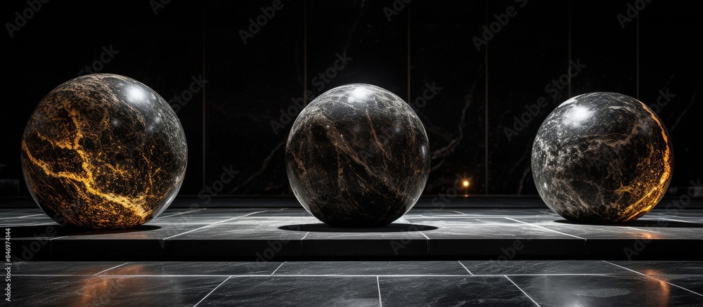Poster Three smooth marble eggs resting on a sleek black marble surface. with copy space image. Place for adding text or design