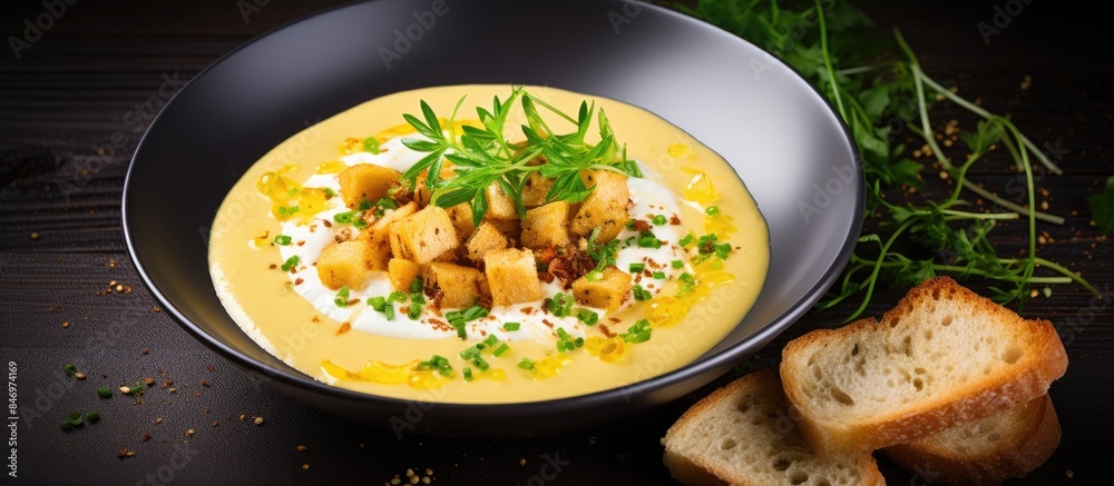 Aufkleber close-up of a bowl of soup garnished with bread and parsley, focusing on the details and textures. w