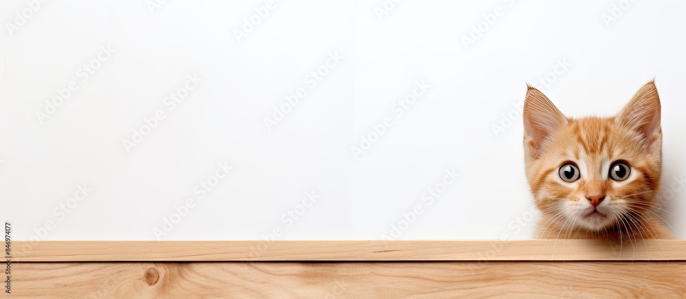 Poster Adorable orange kitten with a small size peeking curiously over a rustic wooden shelf. with copy space image. Place for adding text or design