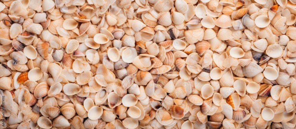Aufkleber Close-up view of various seashells stacked on a table surface, creating a natural and textured arrangement. with copy space image. Place for adding text or design