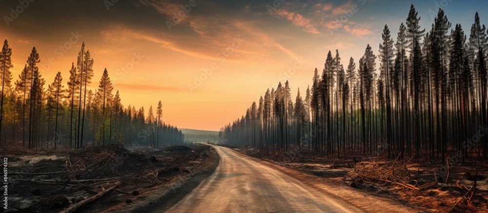 Poster Truck moving on dusty pathway in forest area that suffered from fire. with copy space image. Place for adding text or design
