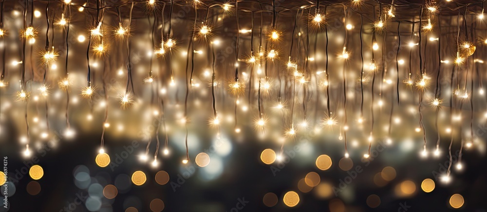 Fototapete String lights are seen up close as they hang from the ceiling, creating a warm and ambient atmosphere in the room. with copy space image. Place for adding text or design