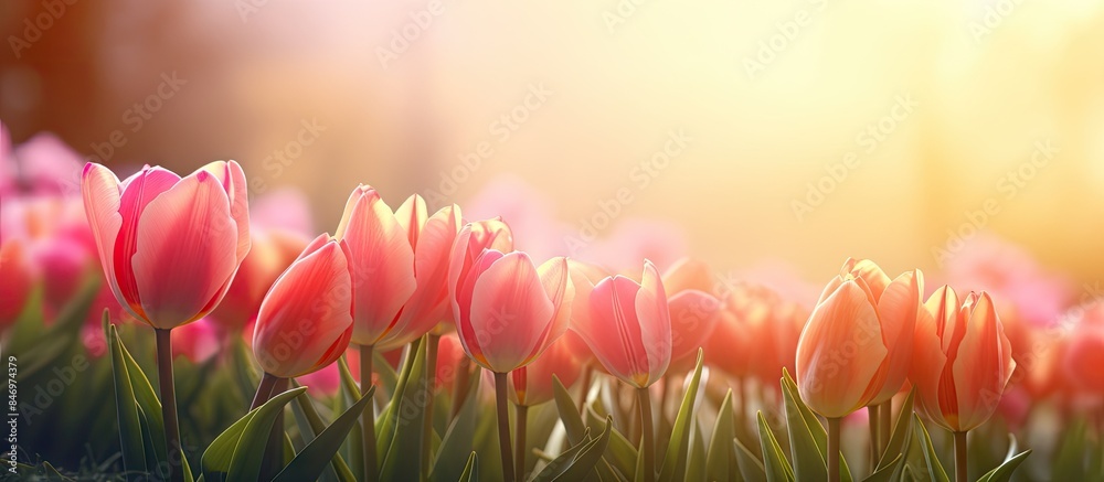 Leinwandbilder lush green grass serves as the backdrop for numerous delicate pink tulips in full bloom during the s