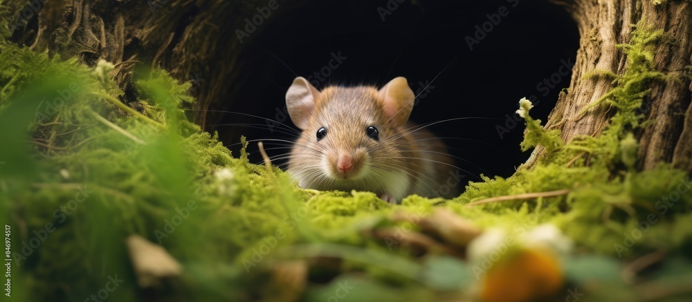 Aufkleber Mouse peeking out from a concealed hole in the grass surrounded by wildlife in the forest. with copy space image. Place for adding text or design