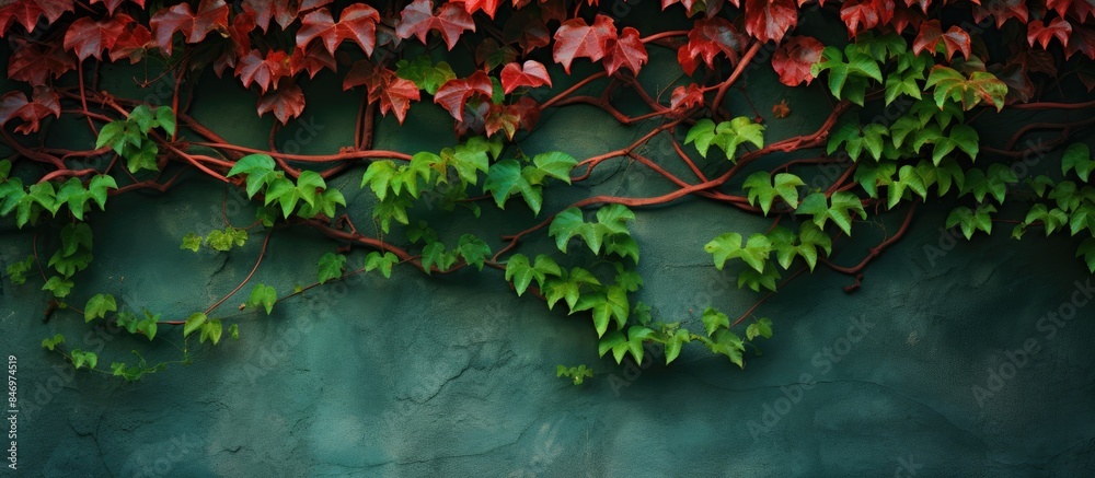 Leinwandbilder lush green foliage adorning a textured wall creating a vibrant natural display. with copy space imag