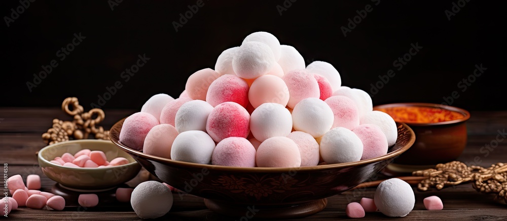 Poster Assorted marshmallows displayed in a bowl and scattered on a tabletop. with copy space image. Place for adding text or design