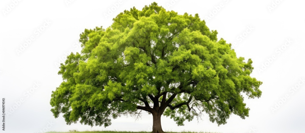 Poster solitary oak tree exhibiting vibrant green leaves stands out against a plain white background. with 