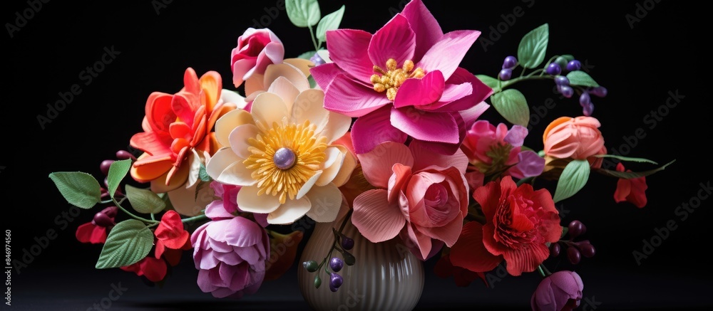 Fototapete handmade artificial bouquet of flowers displayed in a vase on a table with a black background, ideal