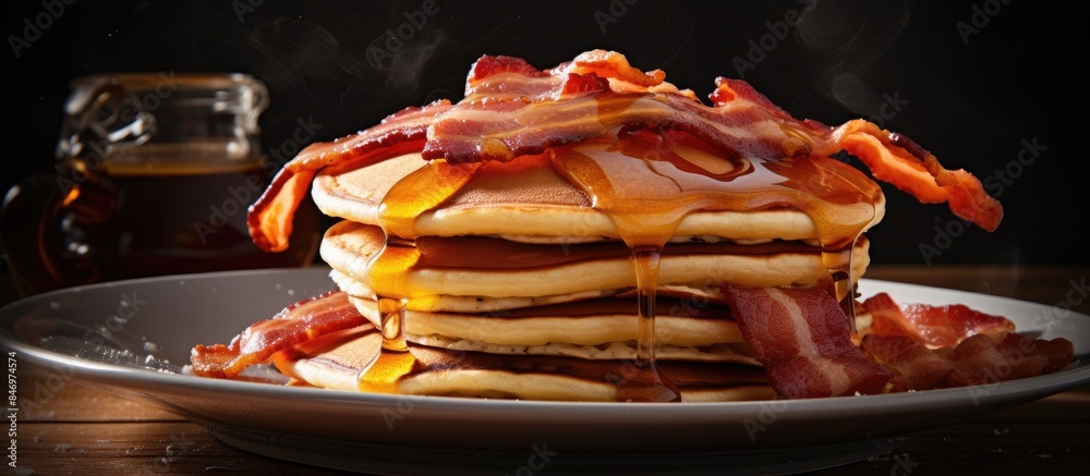Fototapete pancakes served with crispy bacon strips and sweet maple syrup on a white plate. with copy space ima