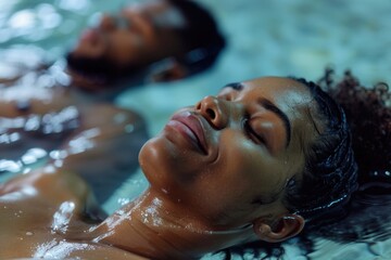 A romantic moment captured between two people as they lay in the water, enjoying each other's company