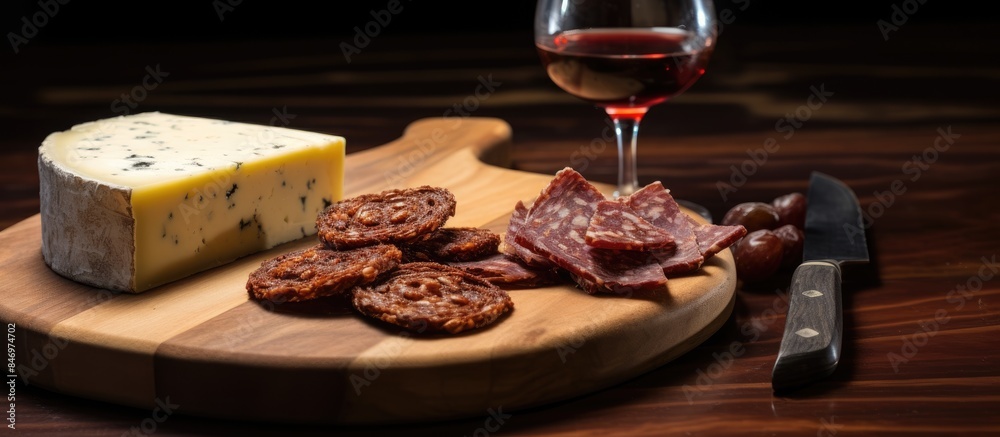 Aufkleber Manchego cheese and chorizo displayed on a rustic wooden board, complemented by a glass of rich red wine and a sharp knife. with copy space image. Place for adding text or design