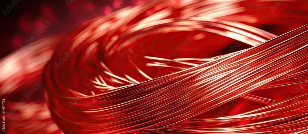 Poster Red copper wire in production seen up close and in detail on a table. with copy space image. Place for adding text or design