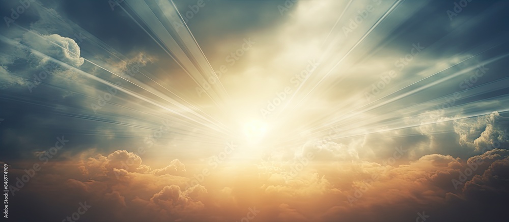 Poster Sun rays breaking through dense cloudy sky, casting a radiant glow. with copy space image. Place for adding text or design
