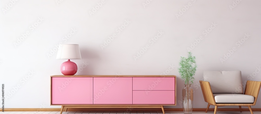Aufkleber Pink cabinet, chair, and lamp create a vibrant scene in a well-lit white room, adding a pop of color and style to the space. with copy space image. Place for adding text or design