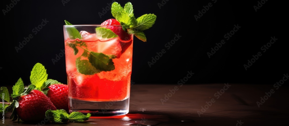 Leinwandbilder Close up of a refreshing drink in a glass garnished with fresh strawberries on the side. with copy space image. Place for adding text or design