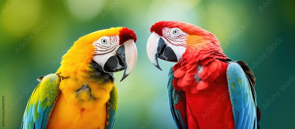 Poster Two vibrant parrots, one red and one yellow, are standing together on a branch. with copy space image. Place for adding text or design