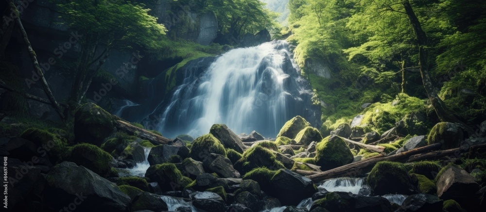 Poster Clean cascading water in a lush green forest setting with rocks covered in moss and surrounded by tall trees. with copy space image. Place for adding text or design