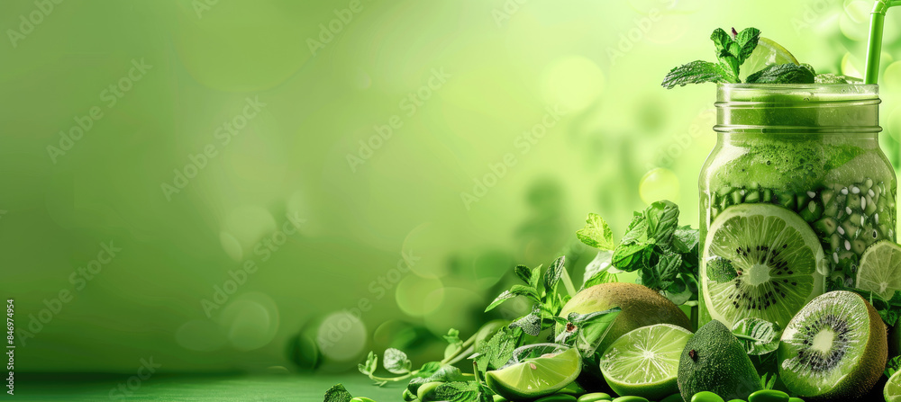 Wall mural green smoothie with green apple, kiwi and mint leaves on the table in a glass jar. green healthy foo - Wall murals