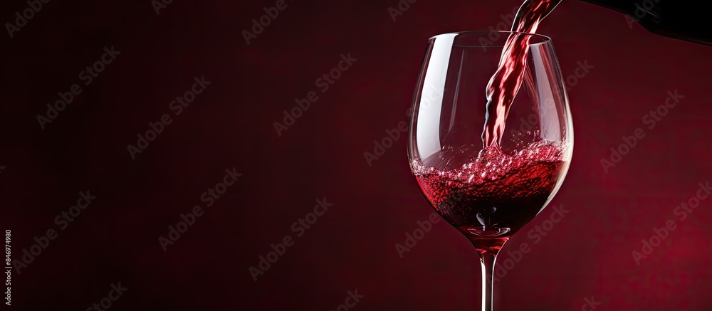 Poster A close-up view of a wine glass filled with deep red wine, highlighting its rich color and texture. with copy space image. Place for adding text or design