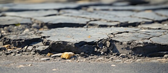 Fototapeta premium A small teddy bear is placed in the middle of the road, surrounded by a pile of old tarmac as repairs are being done to the road surface. with copy space image. Place for adding text or design