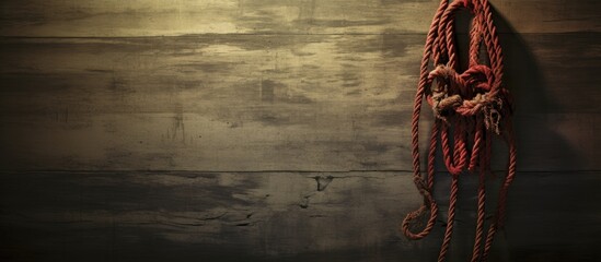 A rope with a slipknot is hanging next to a wooden wall, alongside a suicide note. with copy space image. Place for adding text or design