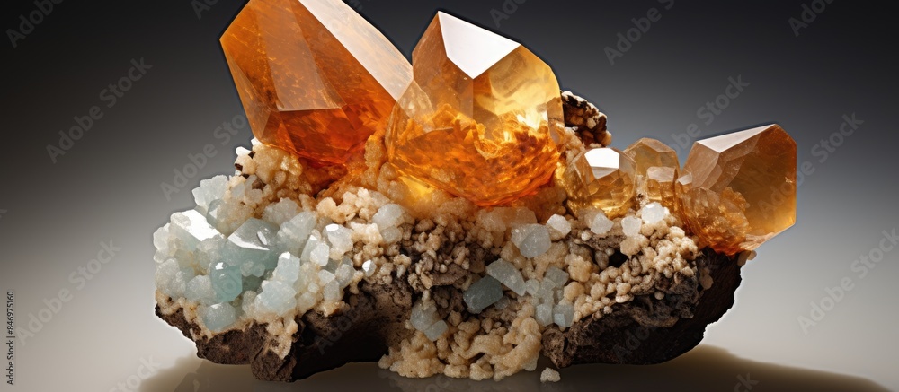 Poster Close-up of an arrangement of crystals on a mineral rock surface, showcasing manganese or manganite with quartz and calcite. with copy space image. Place for adding text or design